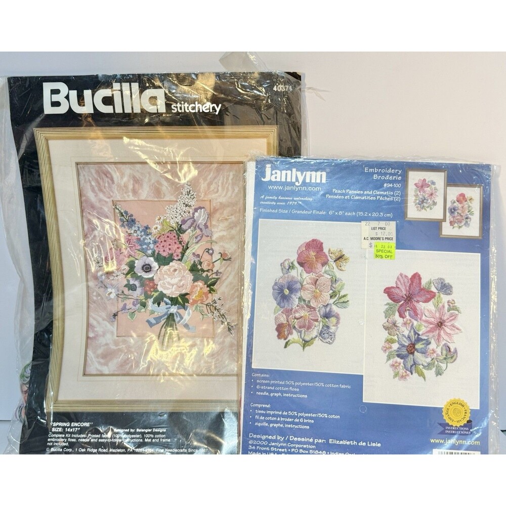 Janlynn Embroidery Kit Peach Pansies and Clematis & Bucilla Spring Encore Kit